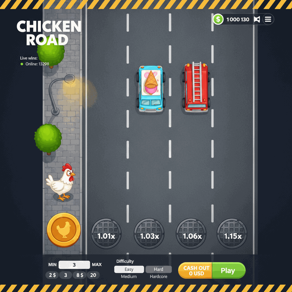 Chicken Road crash game screenshot showing a cartoon chicken crossing a multi-lane road with traffic, manhole cover multiplier markers on each lane, and an urban sidewalk with street lamps and trees on the left side