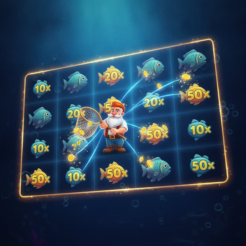 Fishin Frenzy free spins round with fisherman wild collecting fish prize values on screen