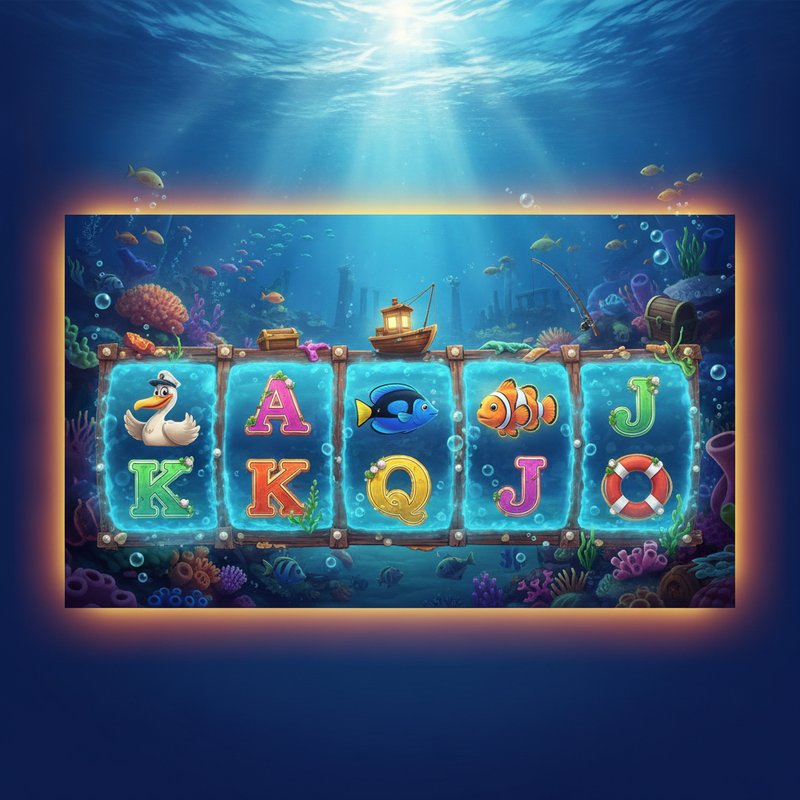 Fishin Frenzy slot main screen showing underwater ocean reels with pelican and boat scatter symbols