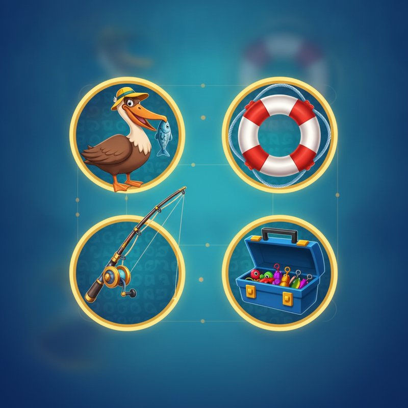 Fishin Frenzy paytable showing pelican, fishing rod, life preserver and tackle box symbol payouts